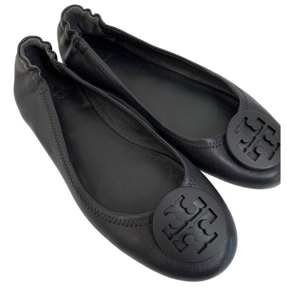Tory Burch Shoes - Tory Burch  Size 8 Minnie Travel Ballet Ethel Black Leather Flats EUC 8327 Logo